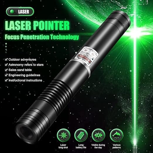 Laser cu efecte 3D, portabil, cu acumulator, incarcare USB, cu carcasa metalica, 5 capete interschimbabile, lumina verde, cu cheita de blocare/deblocare, negru