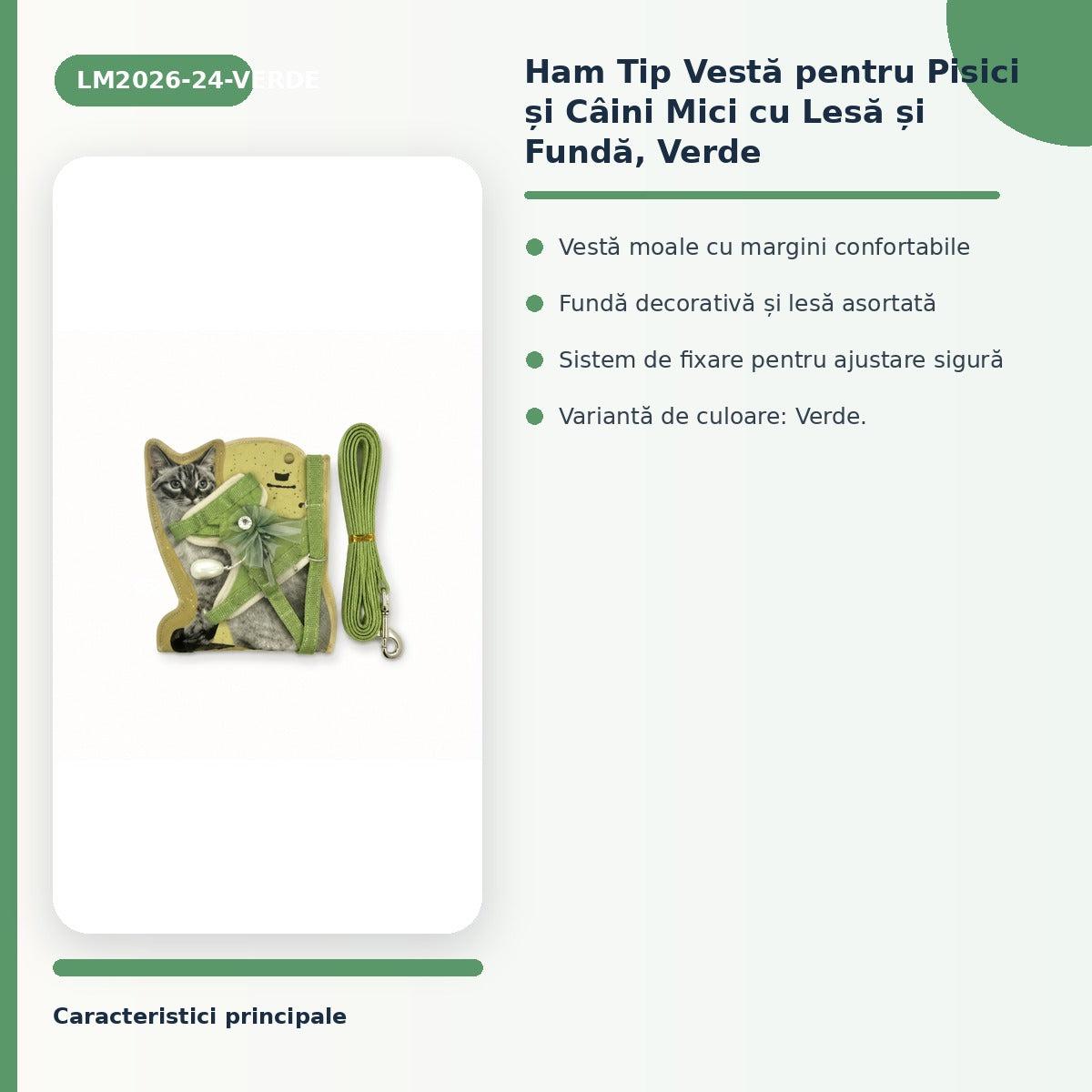 Ham Tip Vestă pentru Pisici și Câini Mici cu Lesă și Fundă, Verde – imagine 3