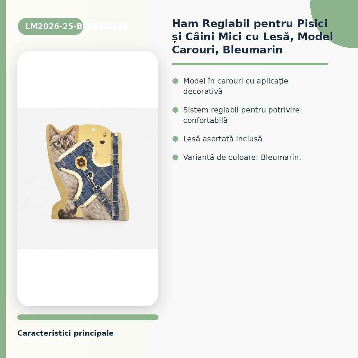 Ham Reglabil pentru Pisici și Câini Mici cu Lesă, Model Carouri, Bleumarin – imagine 3