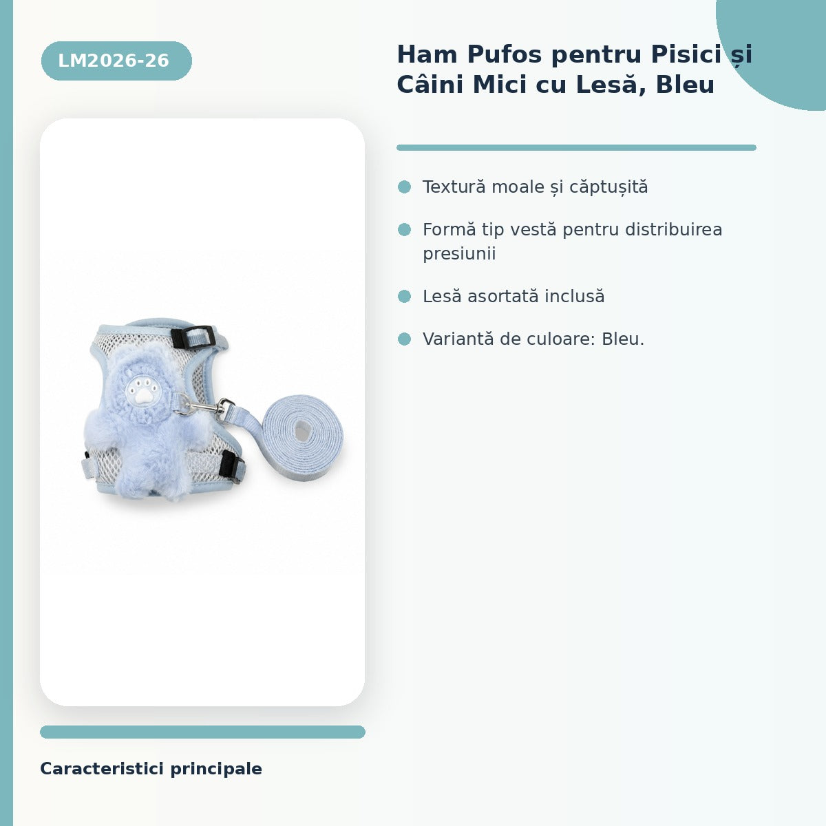 Ham Pufos pentru Pisici și Câini Mici cu Lesă, Bleu – imagine 3