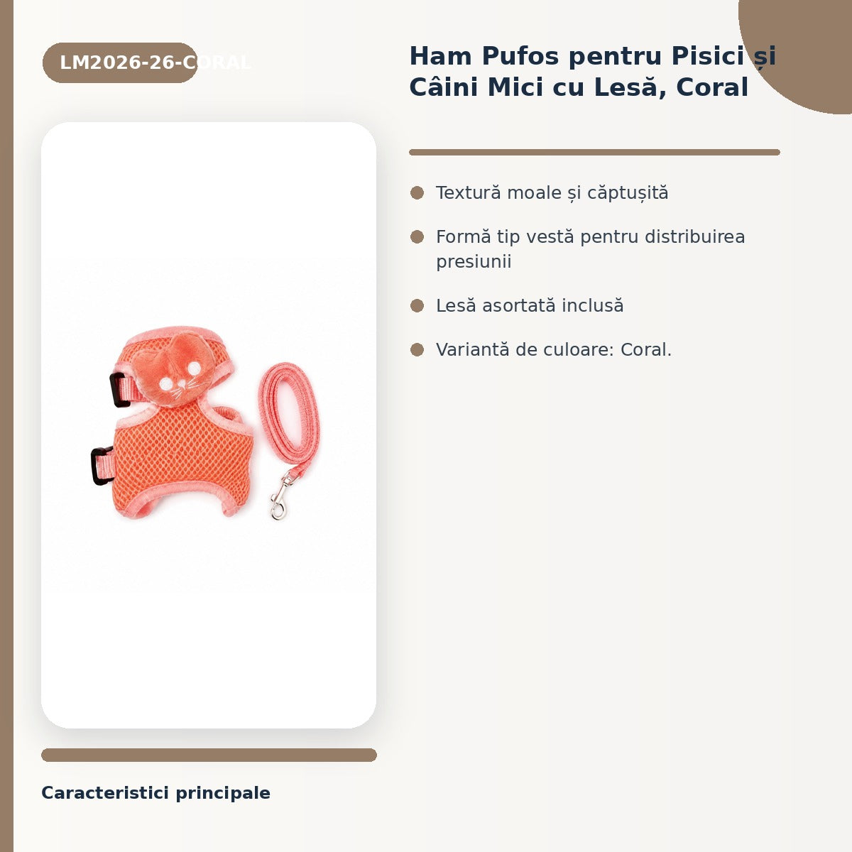 Ham Pufos pentru Pisici și Câini Mici cu Lesă, Coral – imagine 3