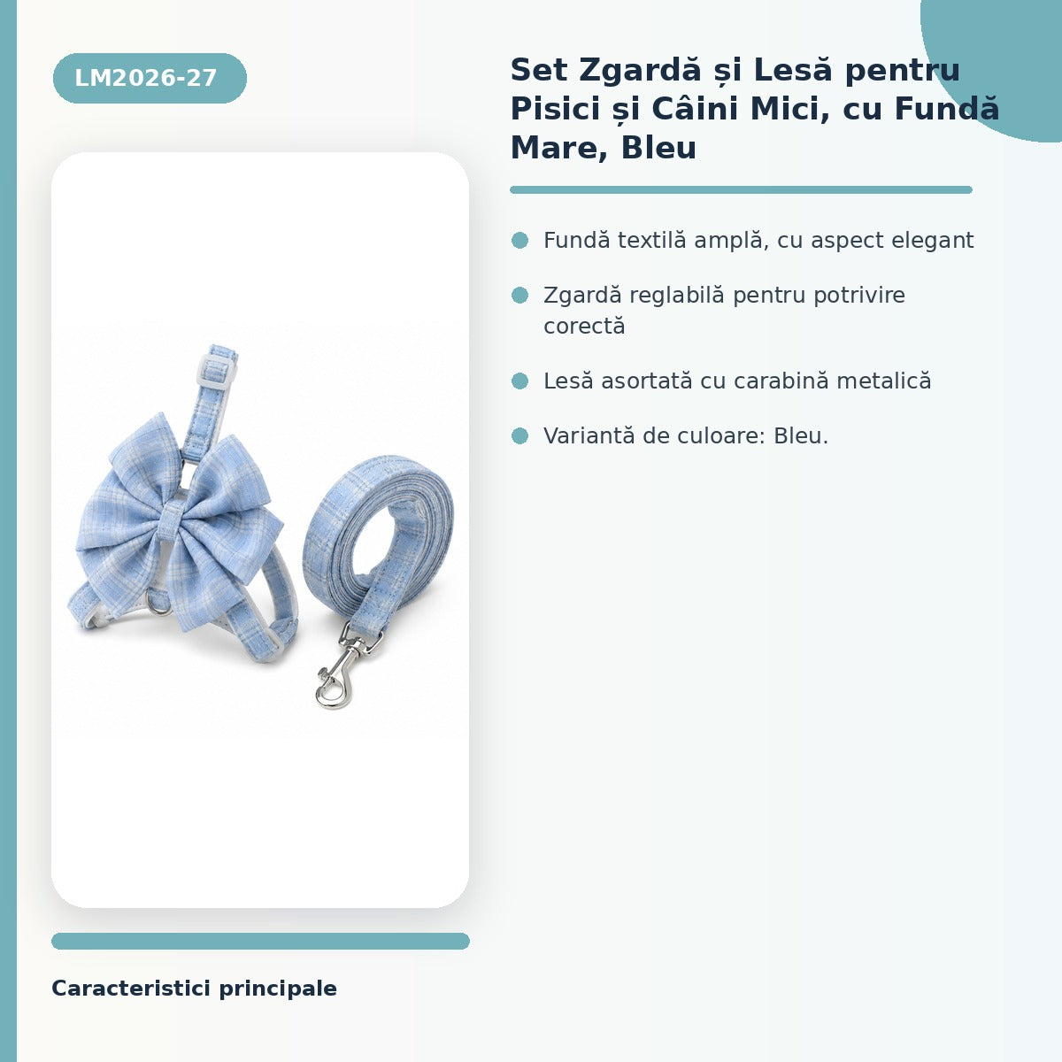 Set Zgardă și Lesă pentru Pisici și Câini Mici, cu Fundă Mare, Bleu – imagine 3