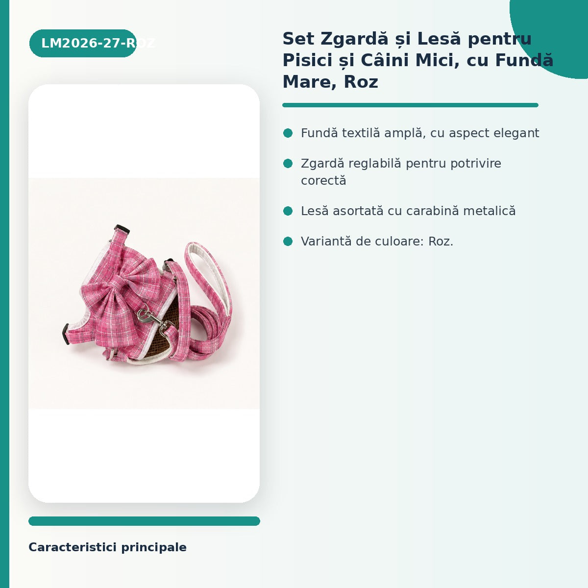 Set Zgardă și Lesă pentru Pisici și Câini Mici, cu Fundă Mare, Roz – imagine 3