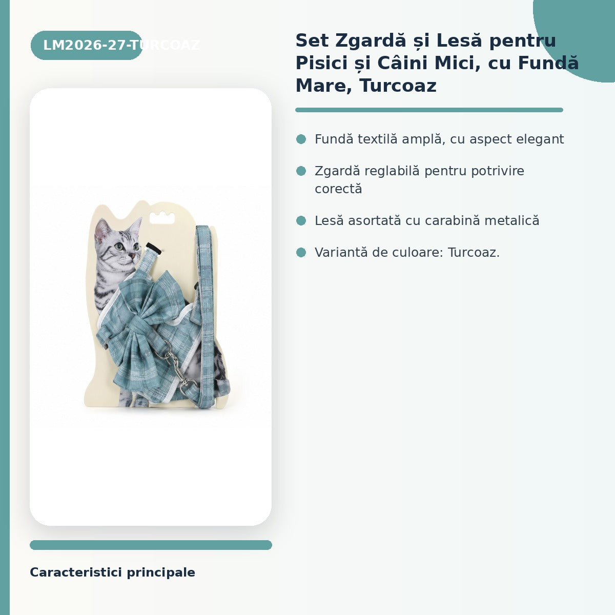 Set Zgardă și Lesă pentru Pisici și Câini Mici, cu Fundă Mare, Turcoaz – imagine 3