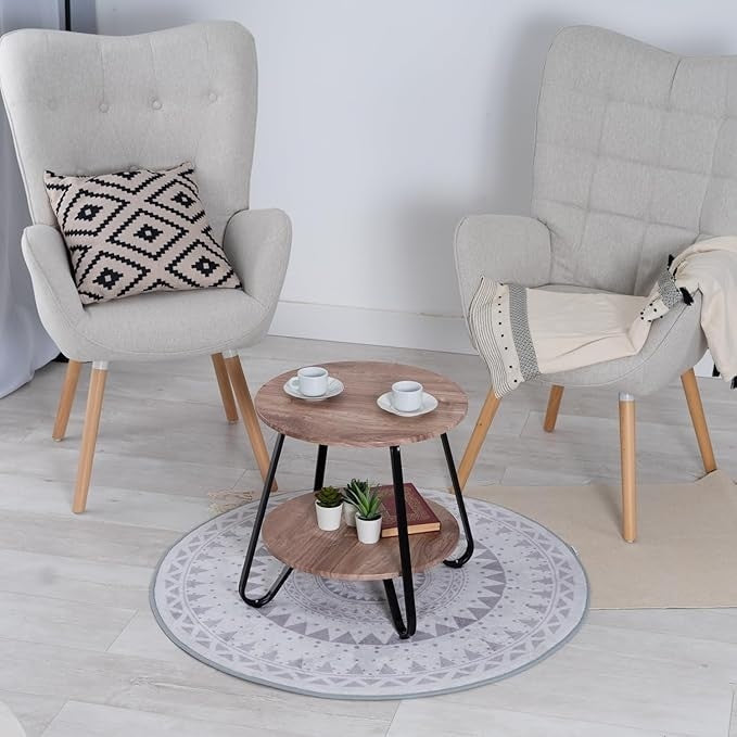 Masa de cafea, din metal si lemn, cu 2 nivele, dimensiuni 53X50 cm, cu margini rotunjite, pentru livingsi bucatarie, negru/maro