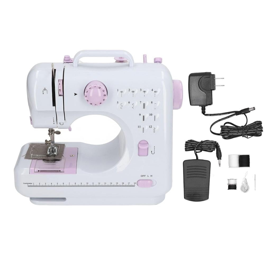 Masina de cusut, cu 12 modele de cusaturi, cu accesorii, gradat cu centimetrii, compact si portabil, alb/roz