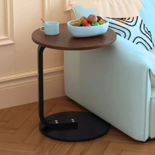 Masuta de cafea, rotunda, blat din MDF, suport metalic, dimensiuni 50 x 60 cm, cu un picior, pentru living si bucatarie, maro/negru