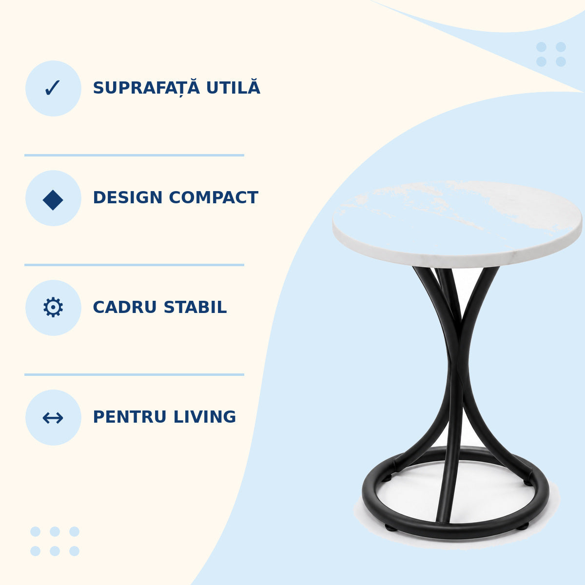 Măsuță Laterală Rotundă cu Cadru Metalic, Negru – imagine 3