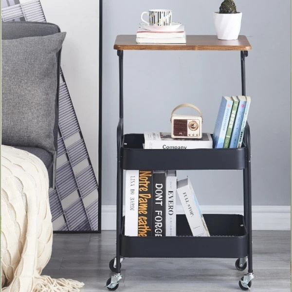 Masuta pentru cafea, portabila, cu roti pentru transport, din otel carbon, 2 polite si o masa de lucru, dimensiuni 79 x 43 x 30 cm, negru