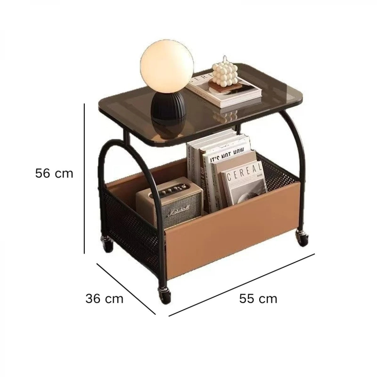 Masuta portabila cu compartiment pentru depozitare, cu blat din sticla, cadru metalic, dimensiuni 56 x 55 x 36 cm, negru