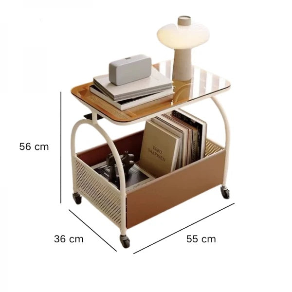 Masuta portabila cu compartiment pentru depozitare, cu blat din sticla, cadru metalic, dimensiuni 56 x 55 x 36 cm, alb