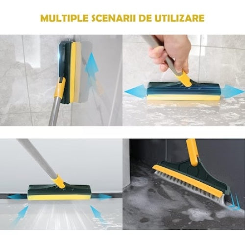Matura 2in1, perie cu racleta, cu peri in forma de V, cap detasabil si rotativ, coada din otel inoxidabil, dimensiuni 100x22cm, verde/galben