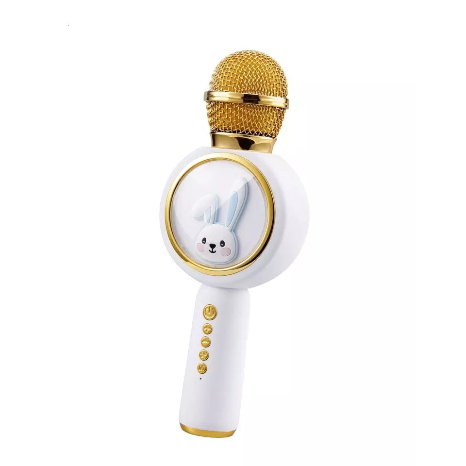 Microfon de karaoke pentru copii, cu forma de iepuras, compatibil bluetooth, silentios, fara fir, alb