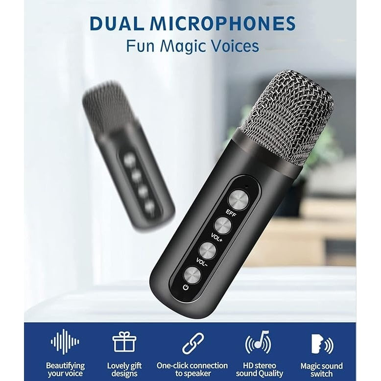 Microfon karaoke copii si adulti, cu difuzor separat, wireless, Bluetooth, modul card TF, 2 microfoane incluse, negru
