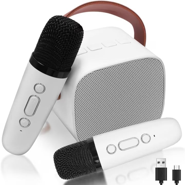 Microfon karaoke copii si adulti, cu difuzor separat, wireless, Bluetooth, modul card TF, 2 microfoane incluse, alb/roz