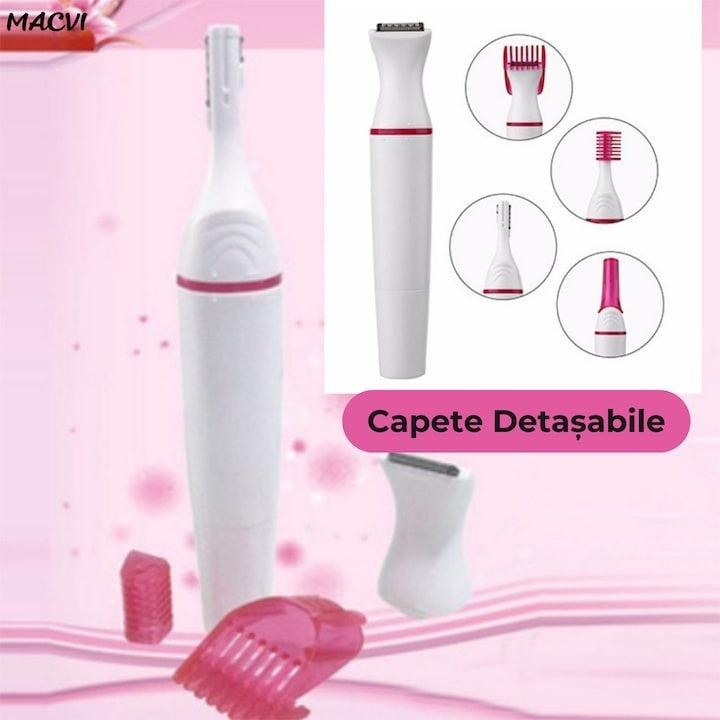 Mini epilator 5 in 1, fara fir, multifunctional, lame din inox, capete lavabile, functionare pe baterii, din ABS, alb