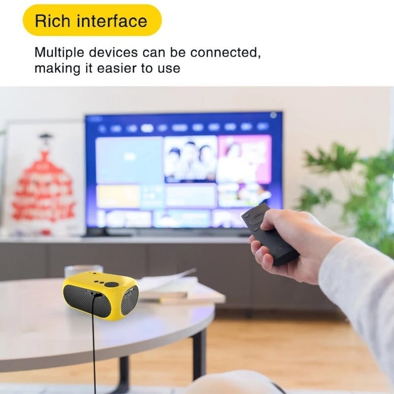 Mini proiector, portabil, HD, conectivitate HDMI, USB, control de la distanta cu telecomanda, sunet surround 360 de grade, galben