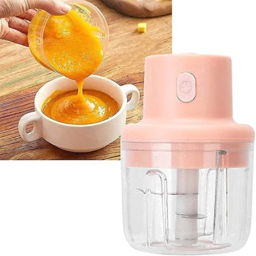 Mini tocator electric, pentru alimente, capacitate 250ml, cu 3 lame puternice, rezistent la apa, incarcare USB, roz