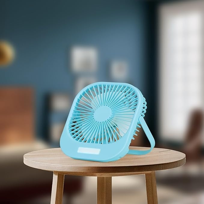 Mini ventilator de masa, cu 3 viteze, incarcare USB, suport sprijin/agatare, din ABS, cu grila de siguranta, albastru