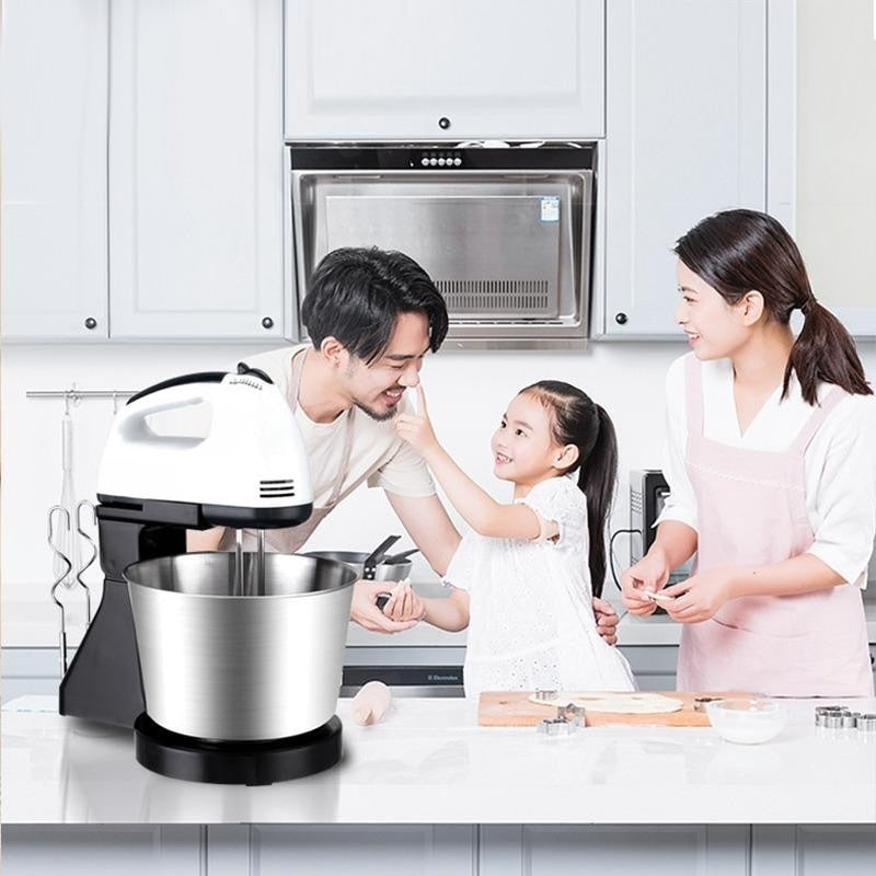 Mixer cu bol, cu accesorii pentru mixat si framantat, putere 350W, cu 7 viteze de functionare, din metal si plastic, alb/negru
