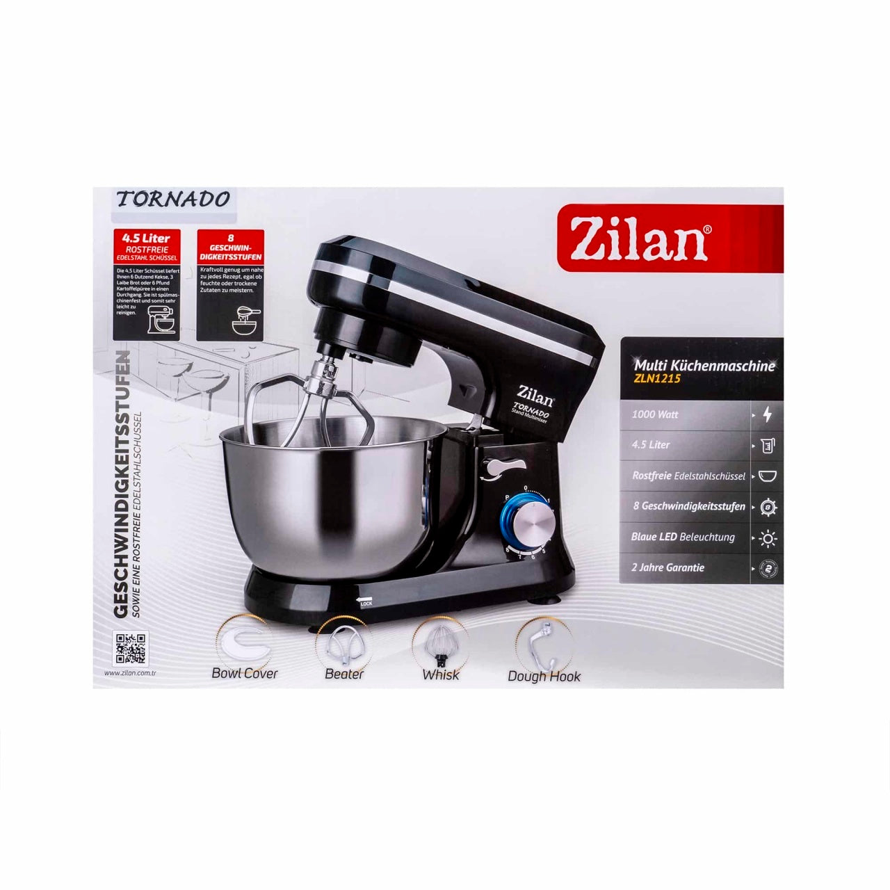 Mixer tornado cu bol inox 6.4L, 1000W, 8 viteze + Puls, accesorii incluse