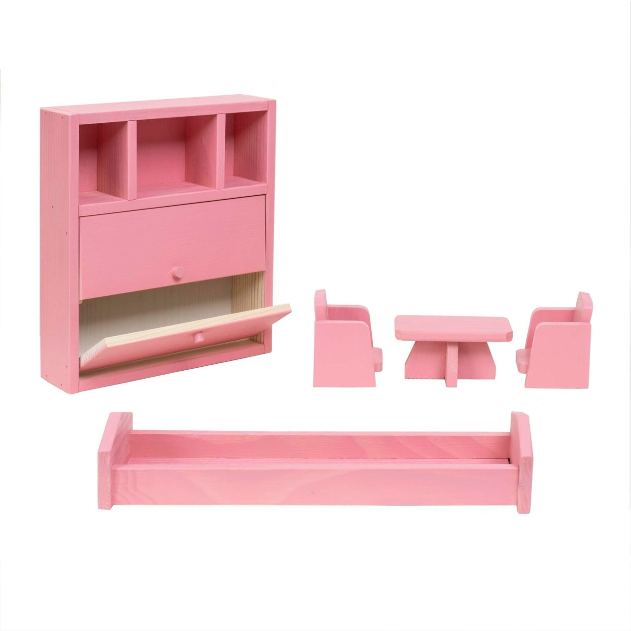 Mobila dormitor din lemn pentru papusi, culoare roz, set complet