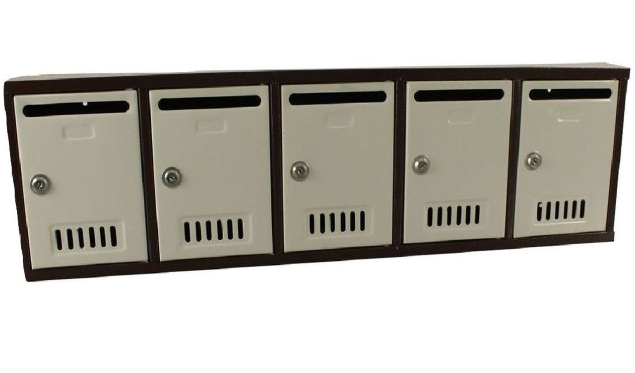 Modul 5 cutii postale interior, tabla otel vopsita, gri-maro, 90x27x8 cm