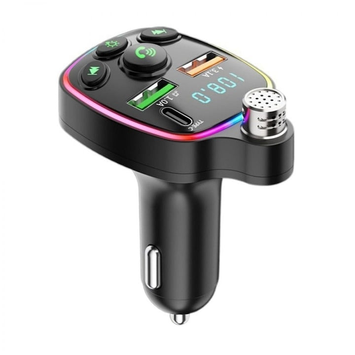 Modulator FM auto, Incarcator Auto Tip C / USB 3.1A, microSD, microfon handsfree, bluetooth, afisarea voltaj baterie, lumini LED, negru