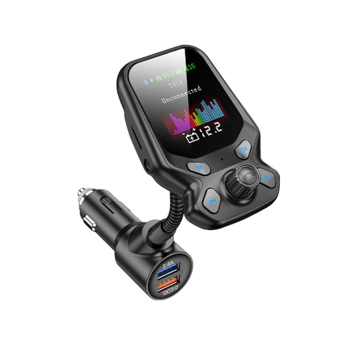 Modulator FM, cu microfon incorporat, Bluetooth, USB Mp3 Player, afiseaza tensiunea bateriei, ecran color, negru