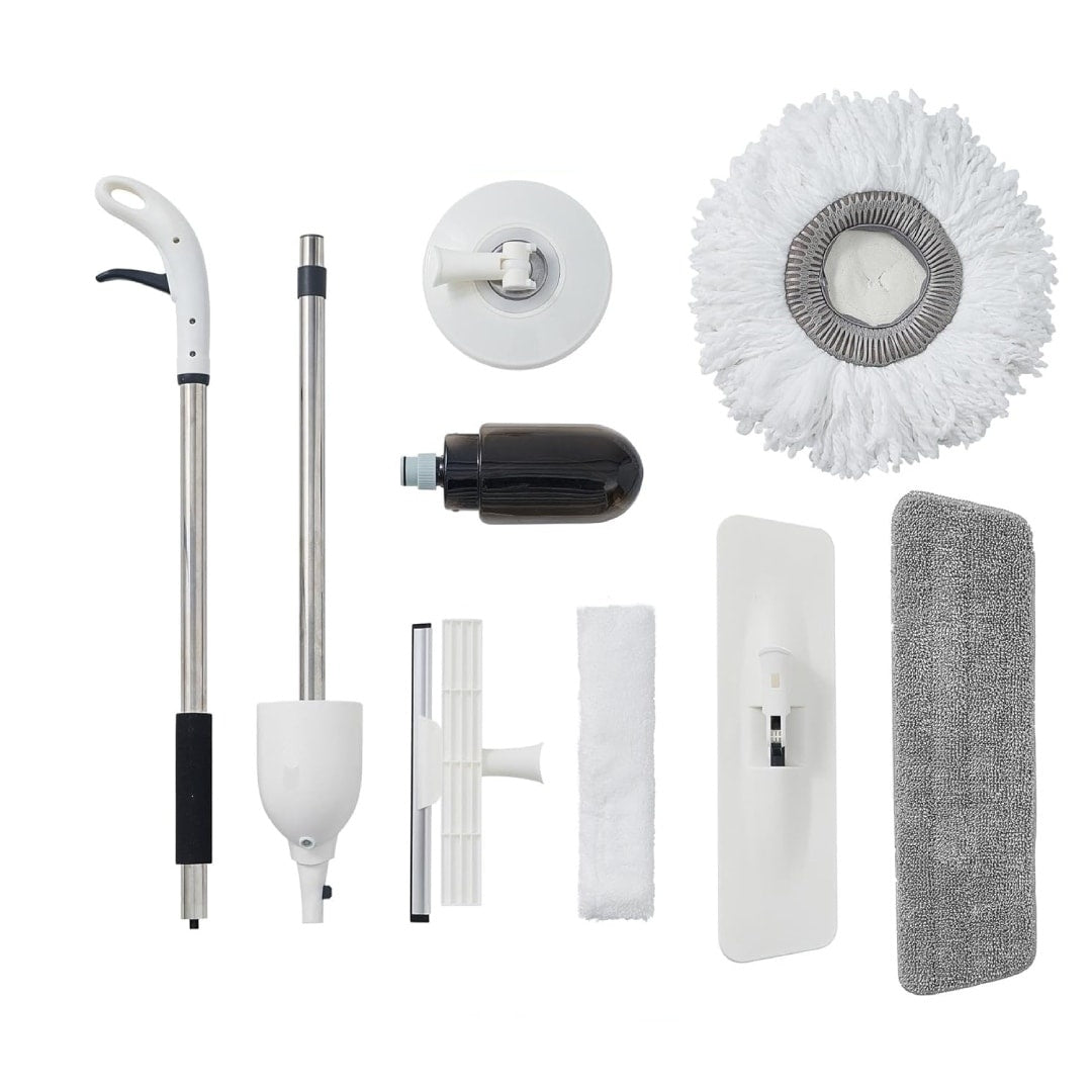 Mop multifunctional, matura, spala si pulverizeaza, include cap de mop si mop rotativ, cap de mop si mop plat si curatator geamuri cu mop si racleta cauciuc, alb