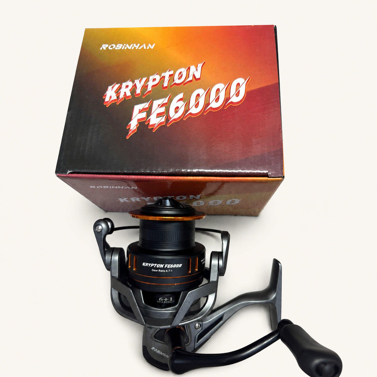 Mulineta Spinning pentru Pescuit, Model FE6000 – imagine de catalog pe fundal alb cald