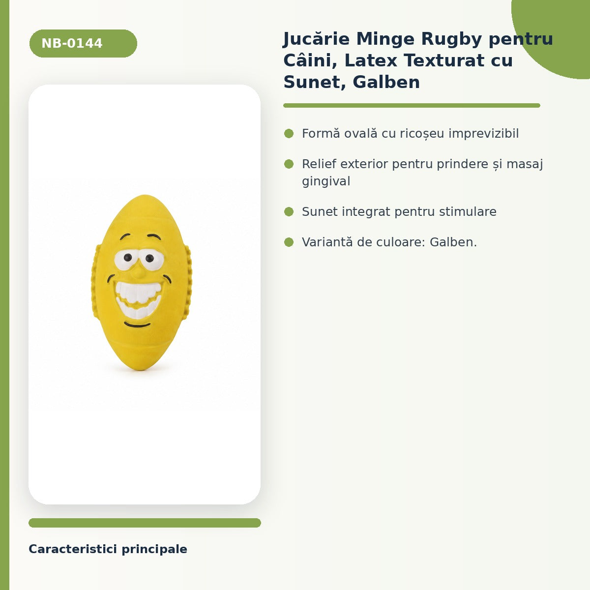 Jucărie Minge Rugby pentru Câini, Latex Texturat cu Sunet, Galben – imagine 3