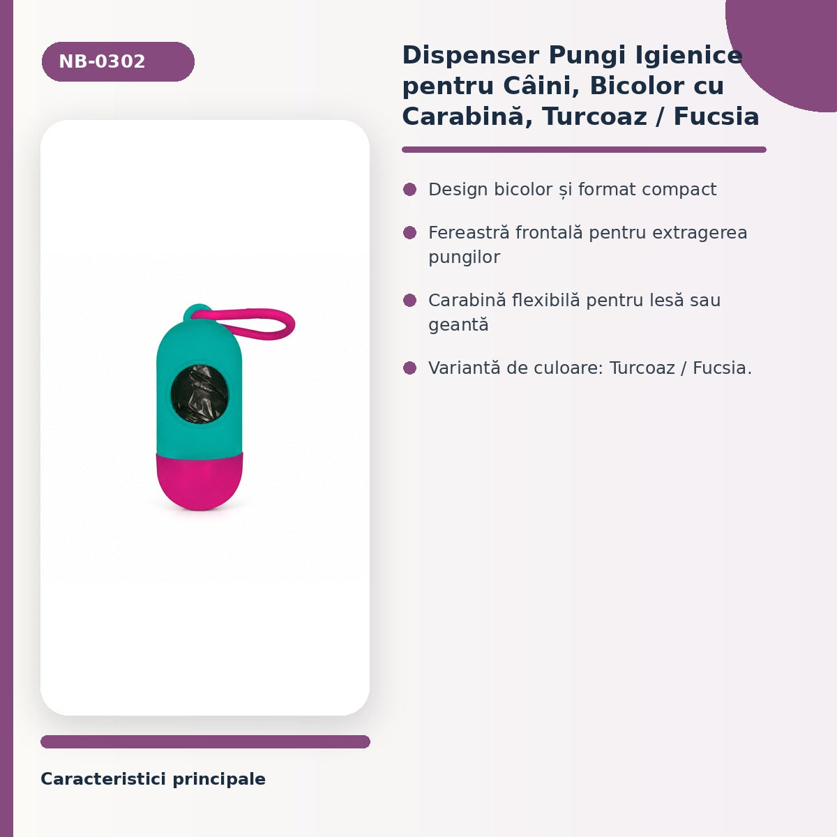 Dispenser Pungi Igienice pentru Câini, Bicolor cu Carabină, Turcoaz / Fucsia – imagine 3
