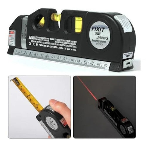 Nivela cu laser FOXMAG24, Fascicul luminos, Buton ON/OFF, Boloboc, Ruleta 2.5m , Rigla 15 cm, Multifunctionala 4in1, Masoara in plan vertical, orizontal si la 45 de grade, Negru