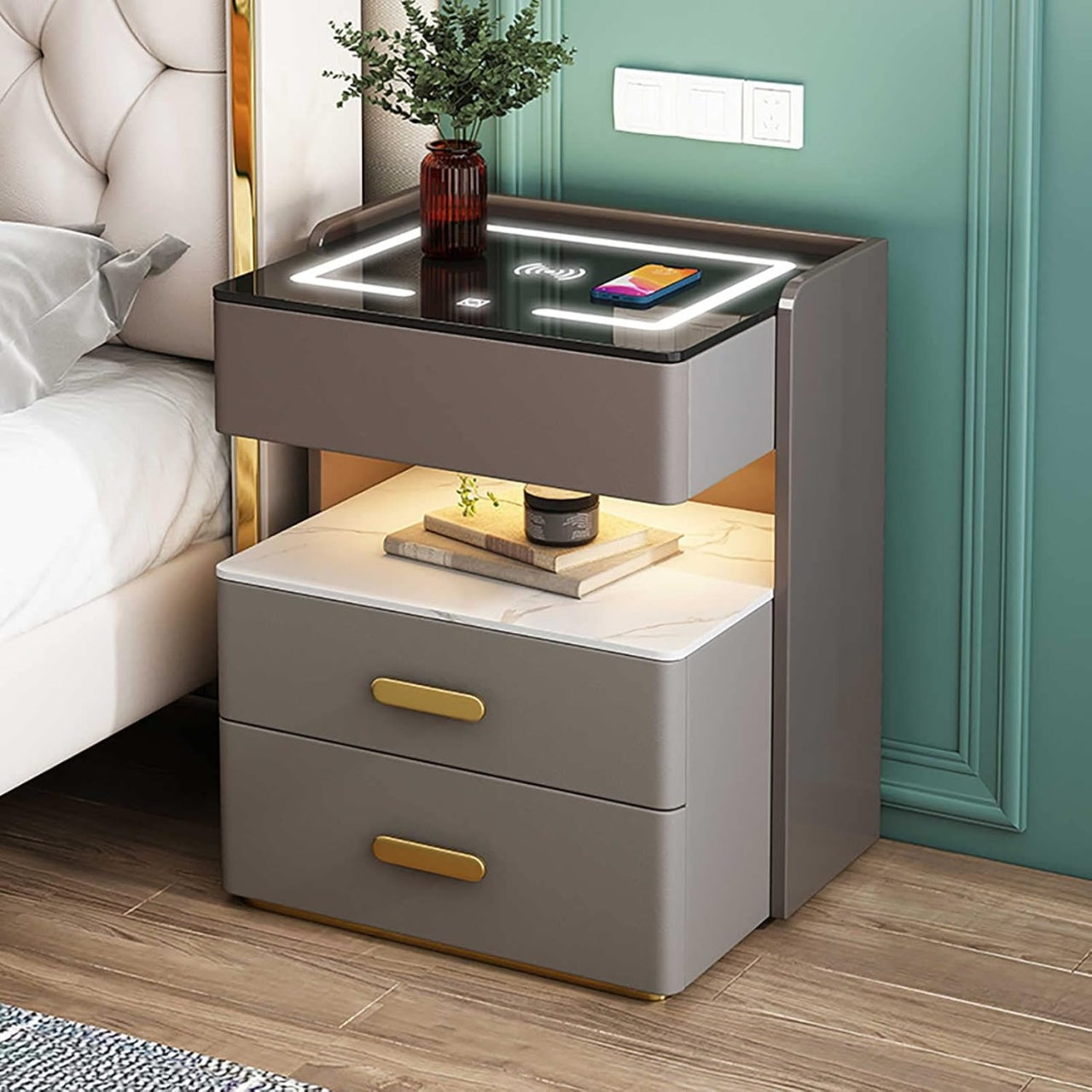 Noptiera inteligenta multifuncționala, 3 sertare, LED-uri tactile, încarcare fara fir, difuzor Bluetooth, incarcare USB, sticla securizata, marime 50x40x56cm, gri
