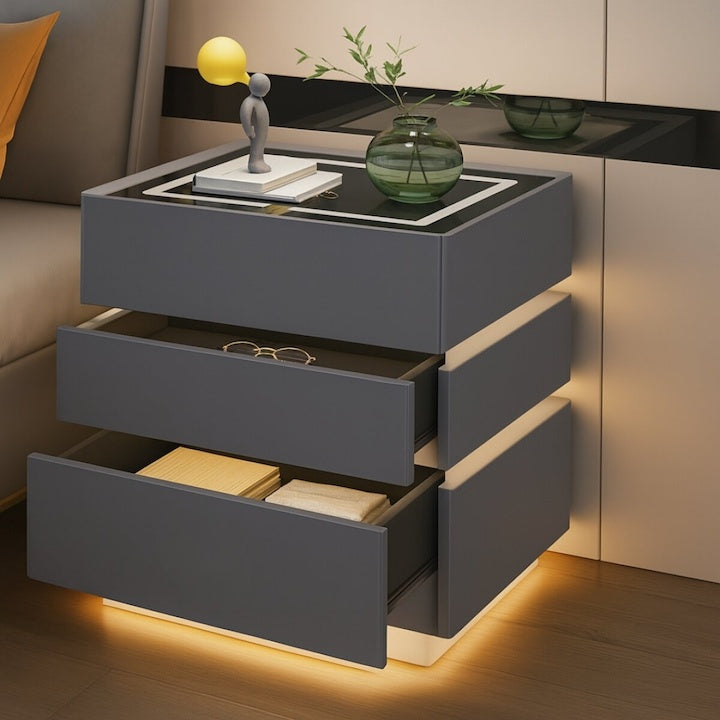 Noptiera inteligenta multifuncționala, 3 sertare, LEDuri tactile, încarcare fara fir, difuzor Bluetooth, incarcare USB, sticla securizata, marime 50x40x72, gri