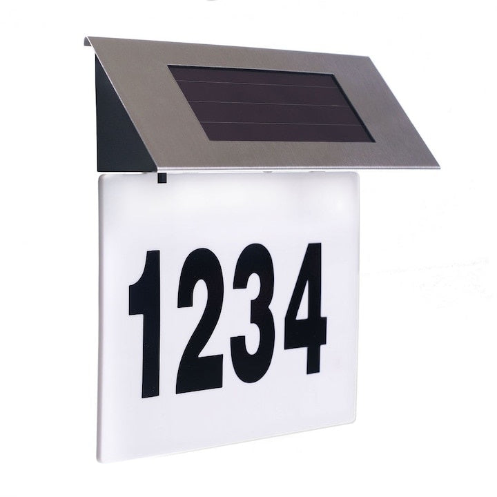 Numar de casa, iluminat, cu incarcare solara, carcasa din inox, cu 4 LED-uri albe, cu senzor de lumina, negru