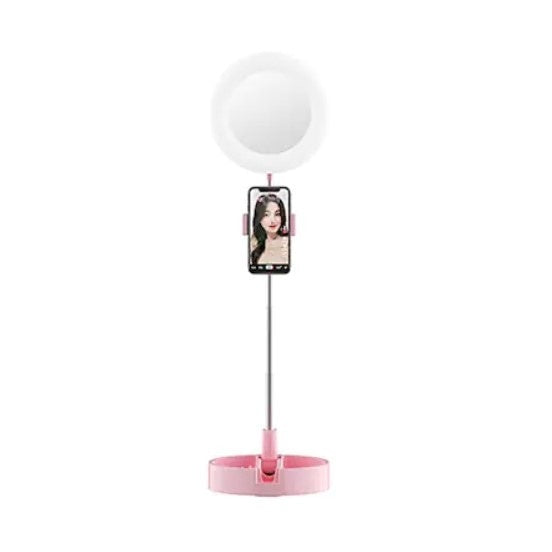 Oglinda rotunda FOXMAG24 pentru machiaj, cu suport pentru telefon si accesorii, inaltime 28 cm, roz