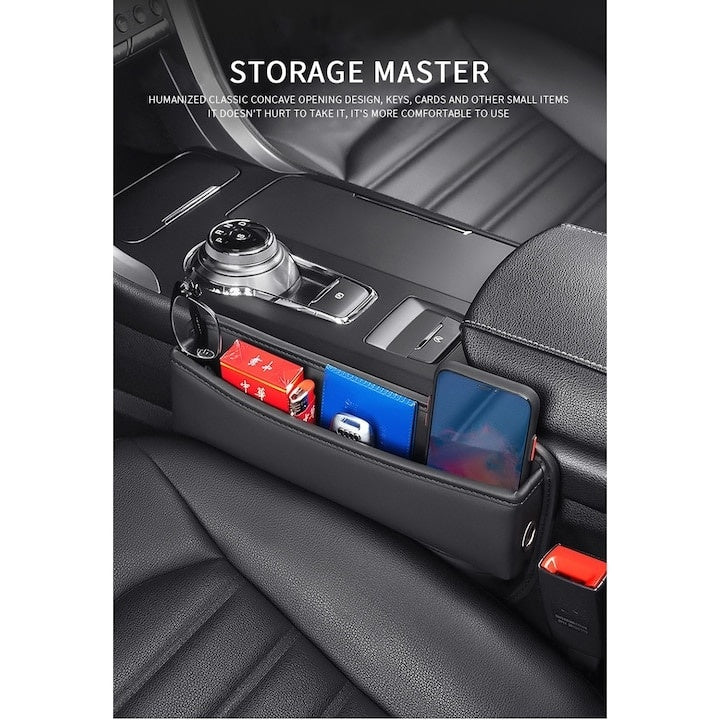 Organizator auto, pentru telefon, chei, dimensiuni 29 x 8 cm + suport fixare 20 cm, din piele ecologica, negru