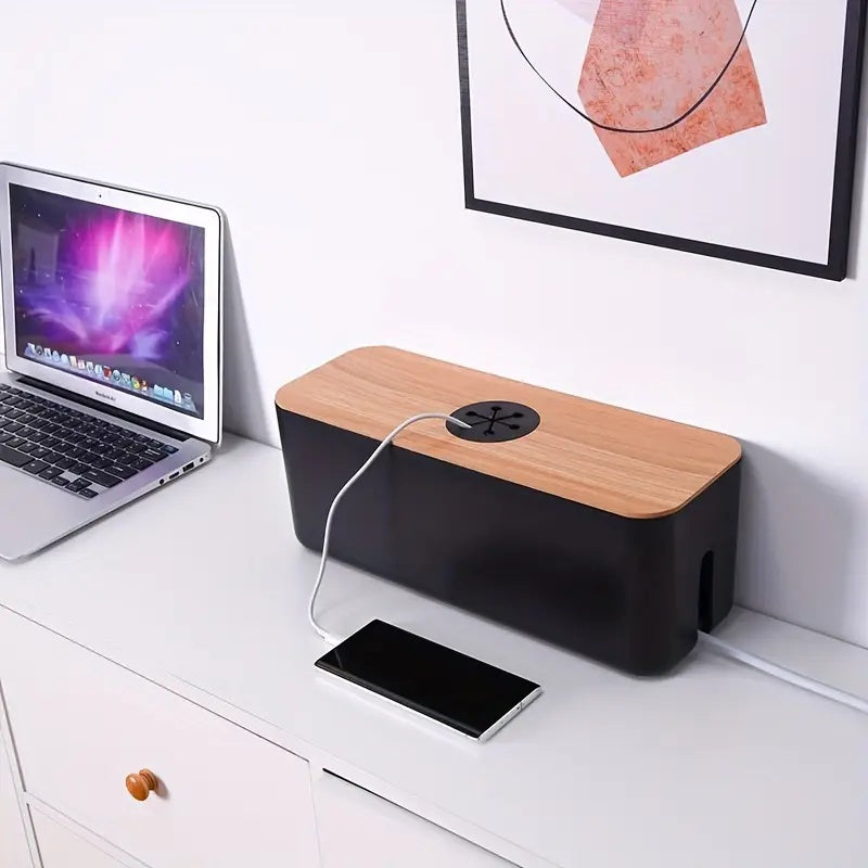 Organizator de cabluri cu capac, pentru birou, multifunctional, cu orificii rotunde, negru/maro