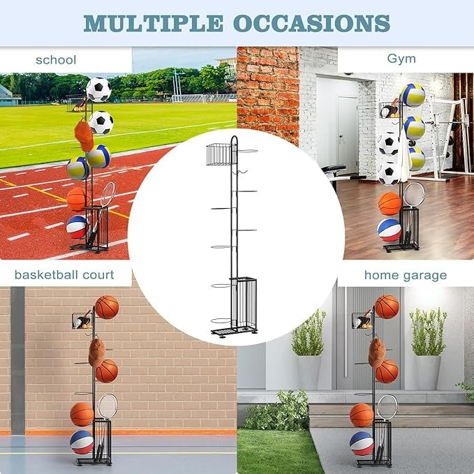 Organizator multifunctional din metal, pentru mingi, flori, umbrele, cu 7 niveluri, constructie robusta, picioare stabile, negru