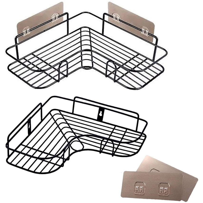 Organizator pentru baie si bucatarie, din metal, prindere ventuze cu lipici, rezistente la apa, negru