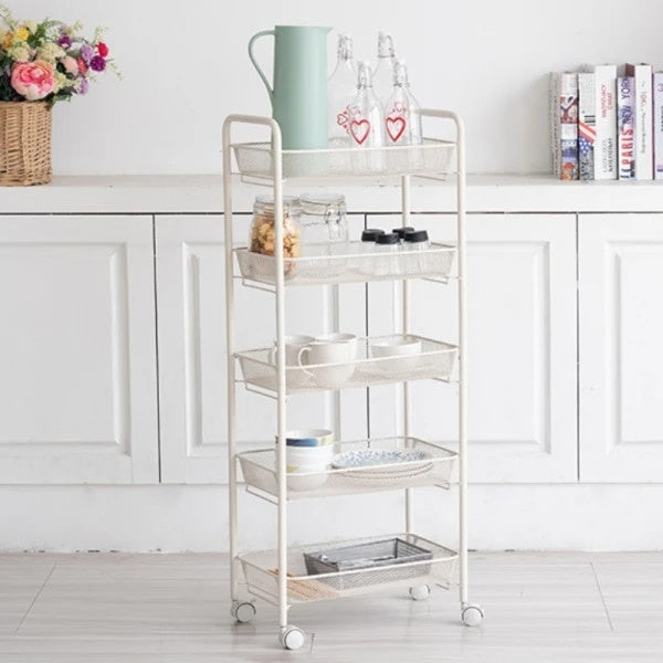 Organizator pentru bucatarie/baie, rotativ 360°, slim, portabil, cu 5 rafturi, structura solida, dimensiuni 45 (L) x 27 (l) x 105 (H) cm, alb
