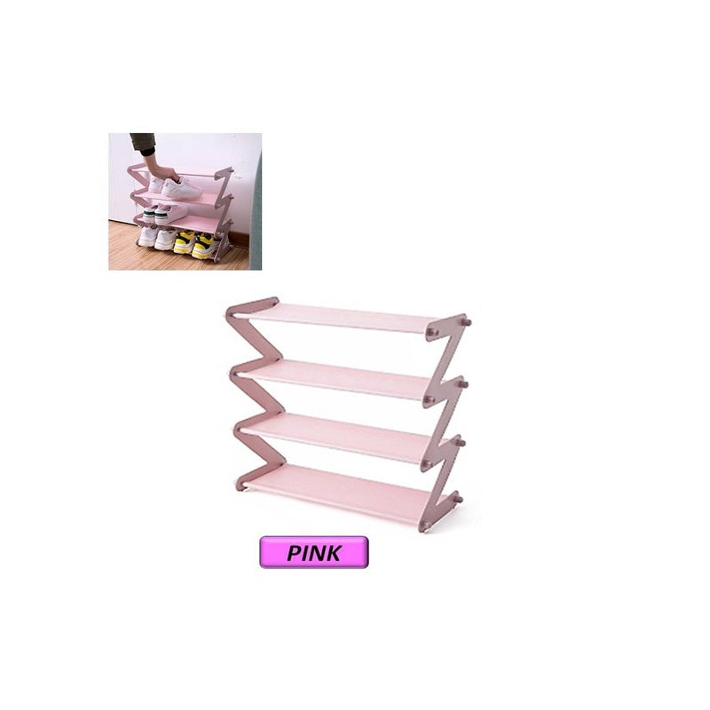 Organizator pentru pantofi, tip raft, in forma de Z, cu 4 rafturi, roz