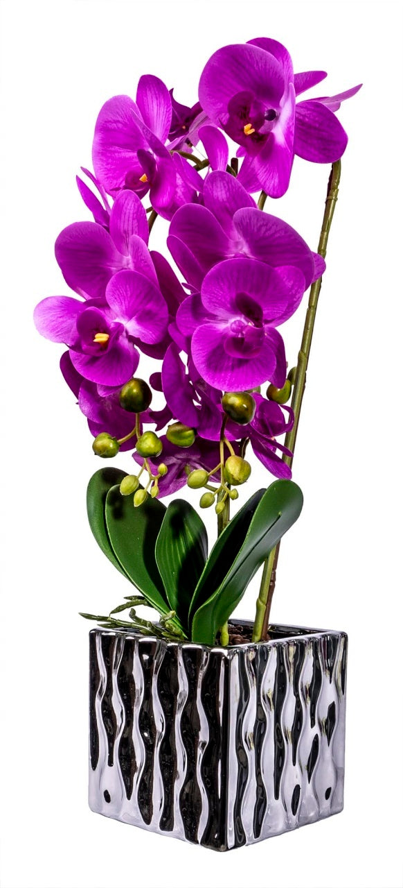 Orhidee 3 fire cu aspect natural in ghiveci auriu, inaltime 50 cm