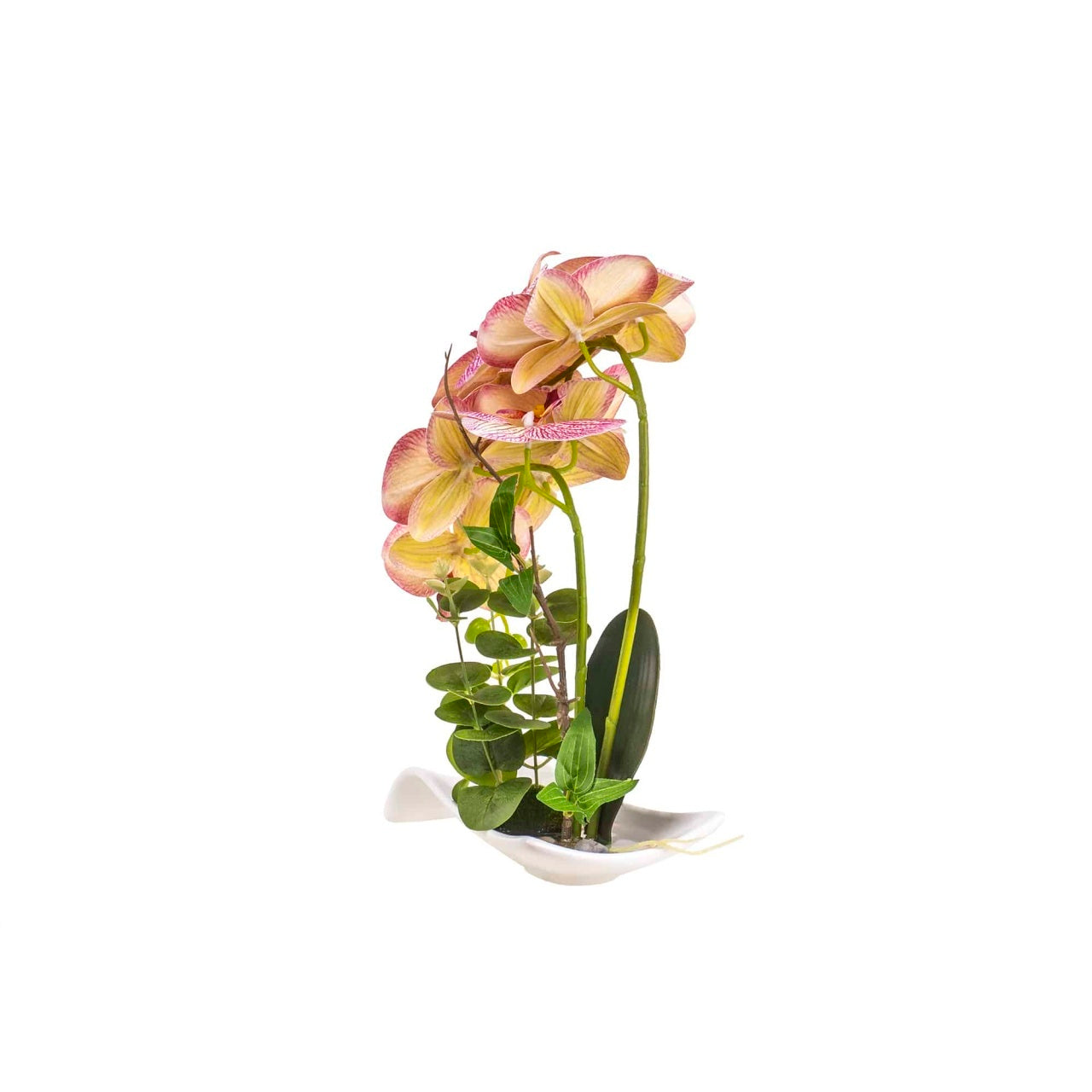 Orhidee artificiala in ghiveci ceramic alb, H 33 cm, cu aspect natural
