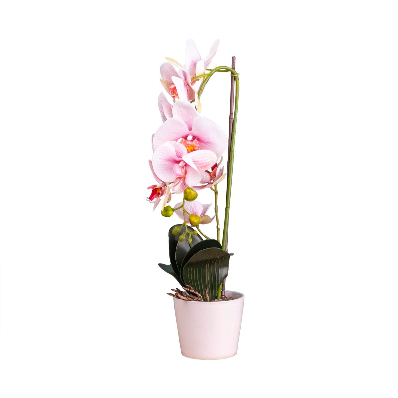 Orhidee artificiala in ghiveci ceramic alb, inaltime 47 cm, roz pal