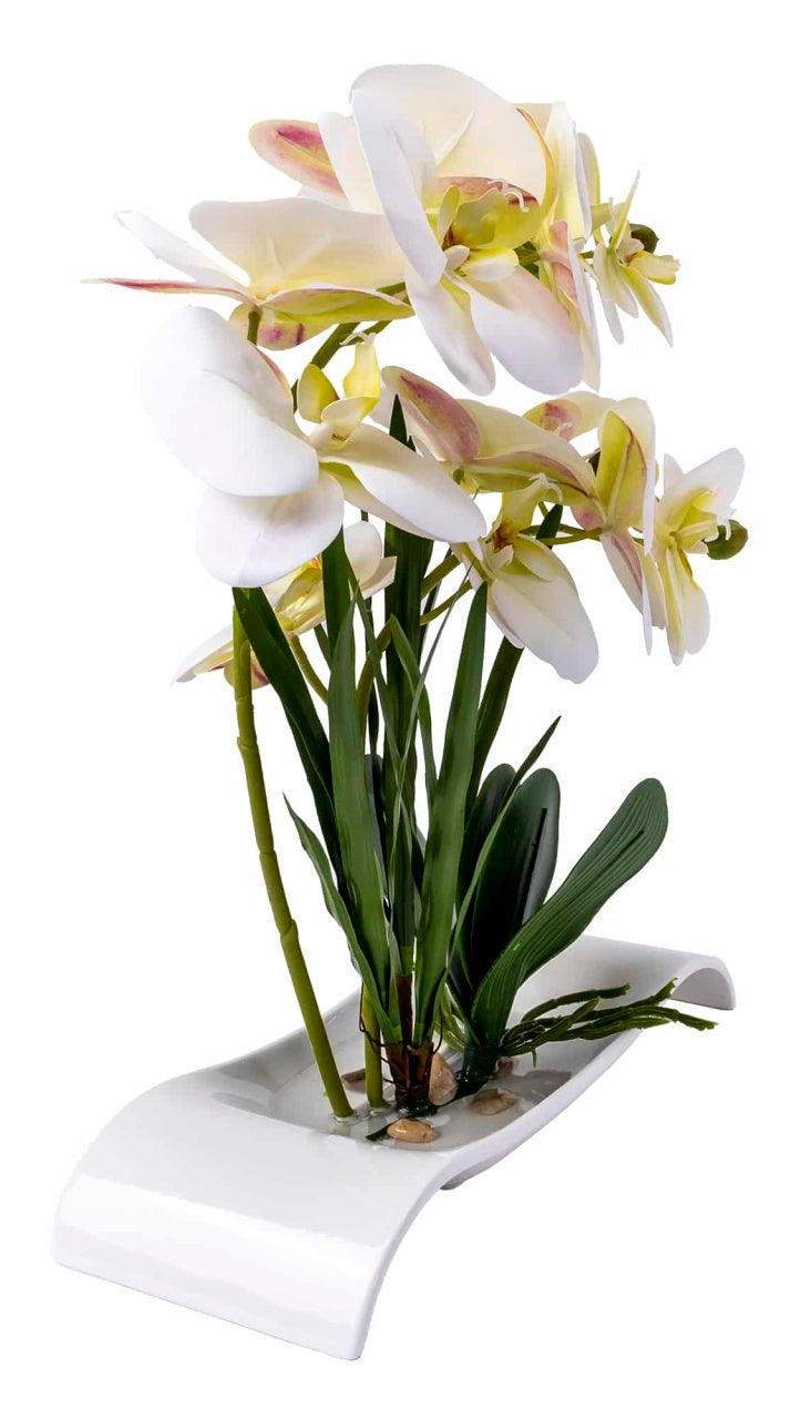 Orhidee artificiala in ghiveci dreptunghiular ceramic alb, inaltime 40 cm