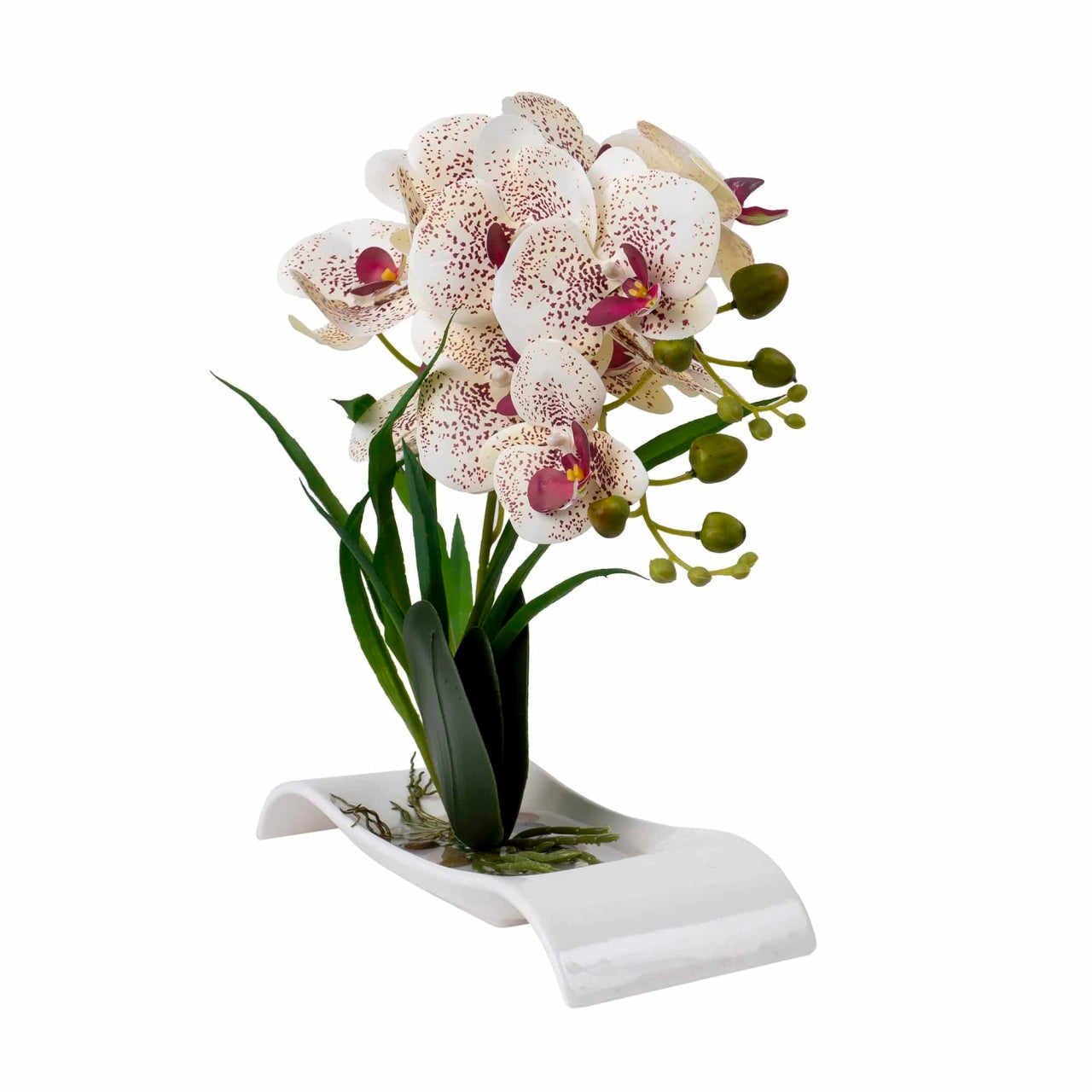 Orhidee artificiala in ghiveci dreptunghiular ceramica alba, H 40 cm