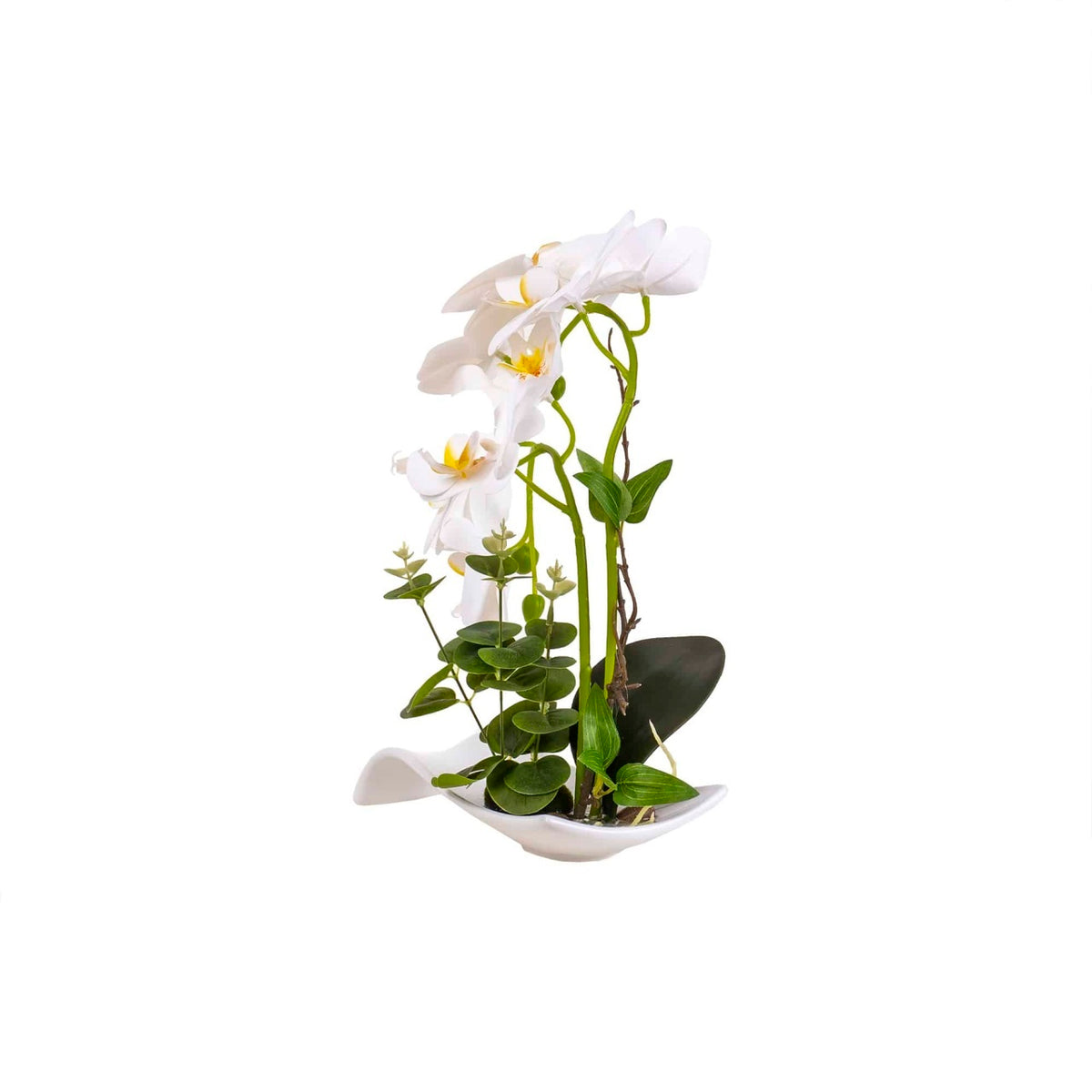 Orhidee cu aspect natural in ghiveci dreptunghiular ceramica alba, H 33 cm